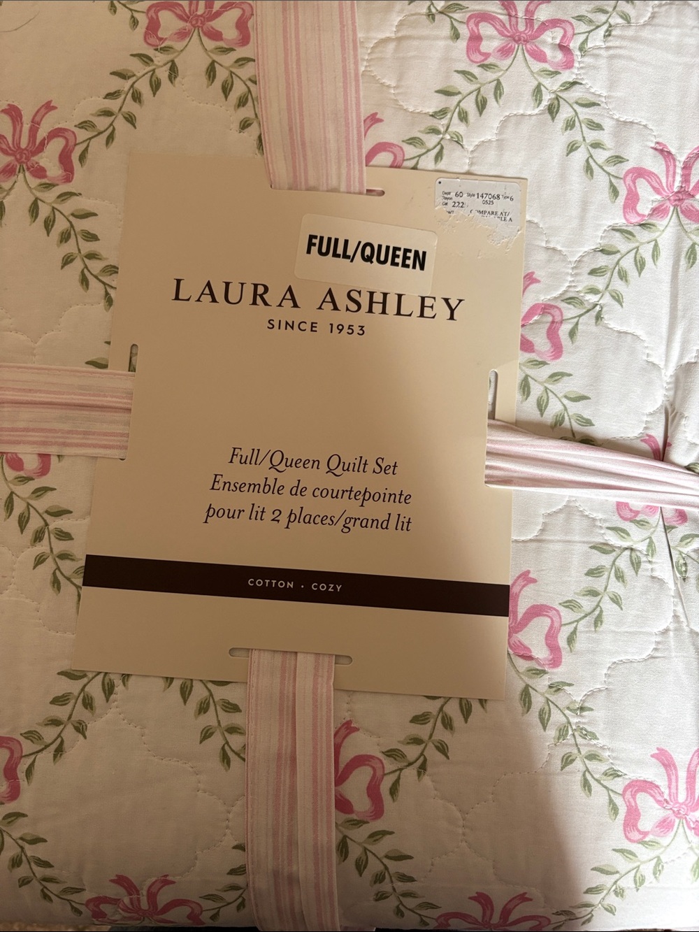 3 piece Laura Ashley Pink Floral Quilt with Green Vine Accents